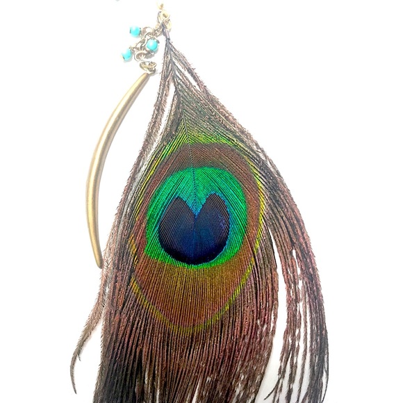 Peacock feather dangle earrings with gold and turquoise 🦚 - Picture 2 of 3